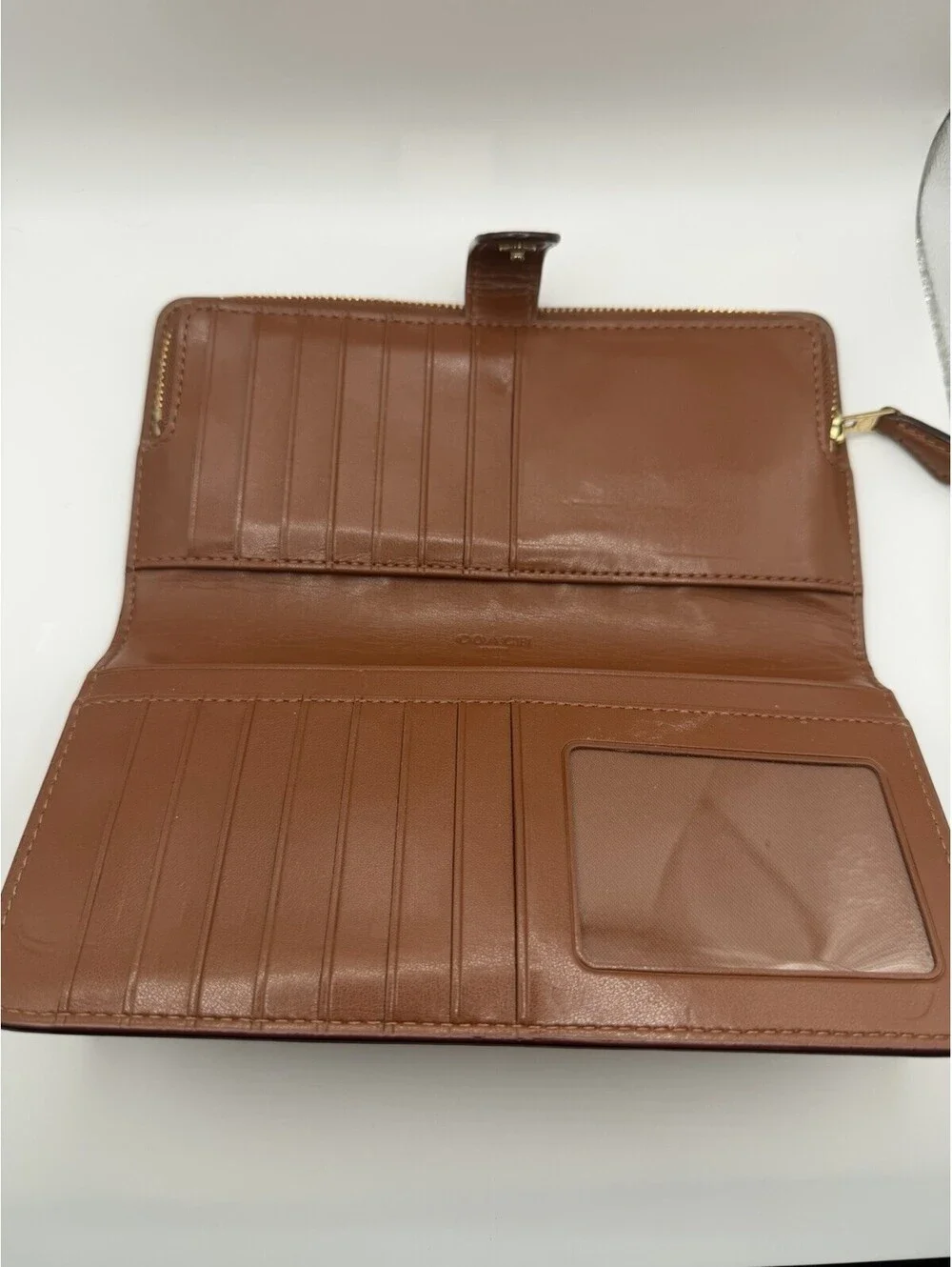 Coach Leather Wallet Brown Leather With Zipper And Gold Logo
